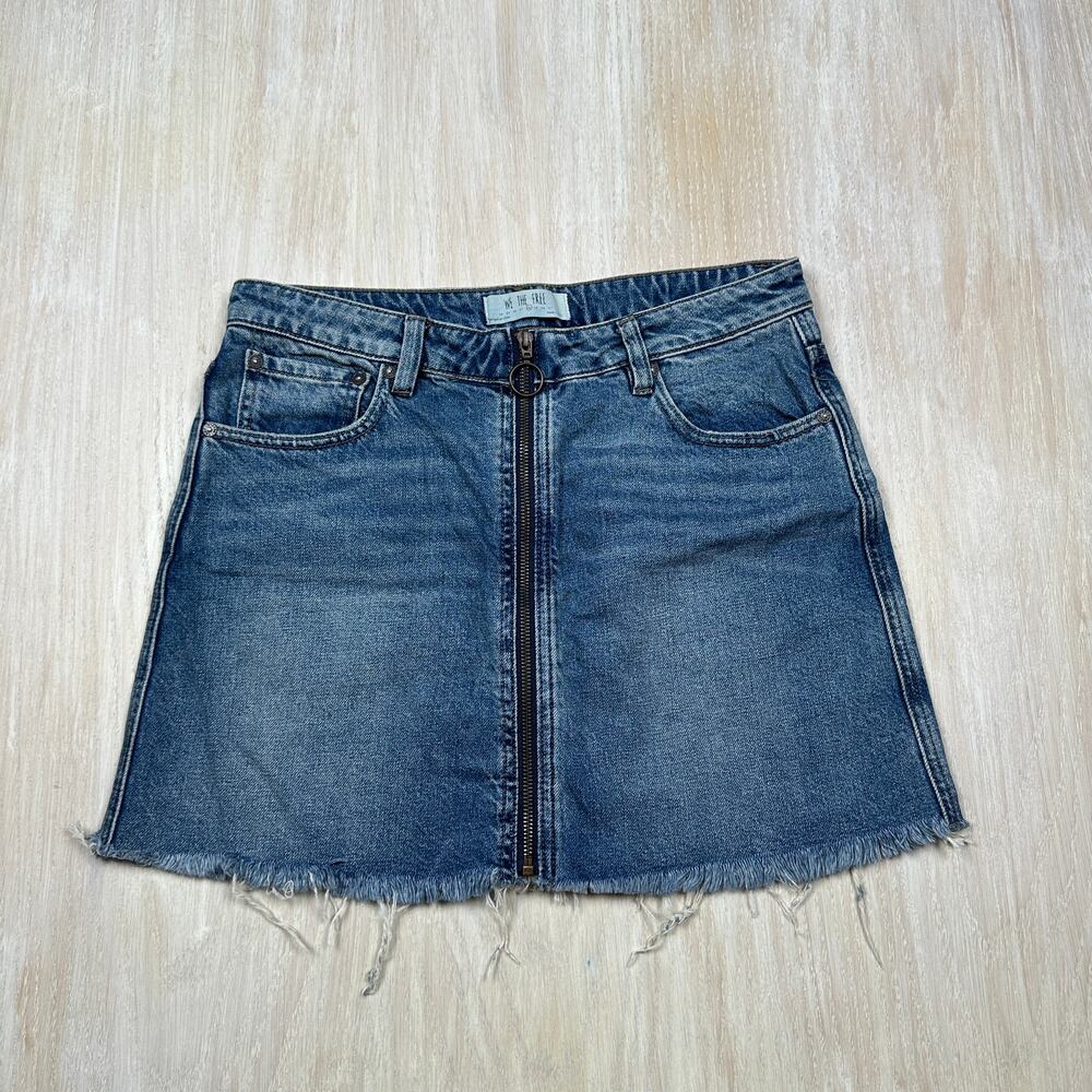 Free People We The Free Zip Up 100% Cotton Distressed Denim Jean Mini Skirt 28